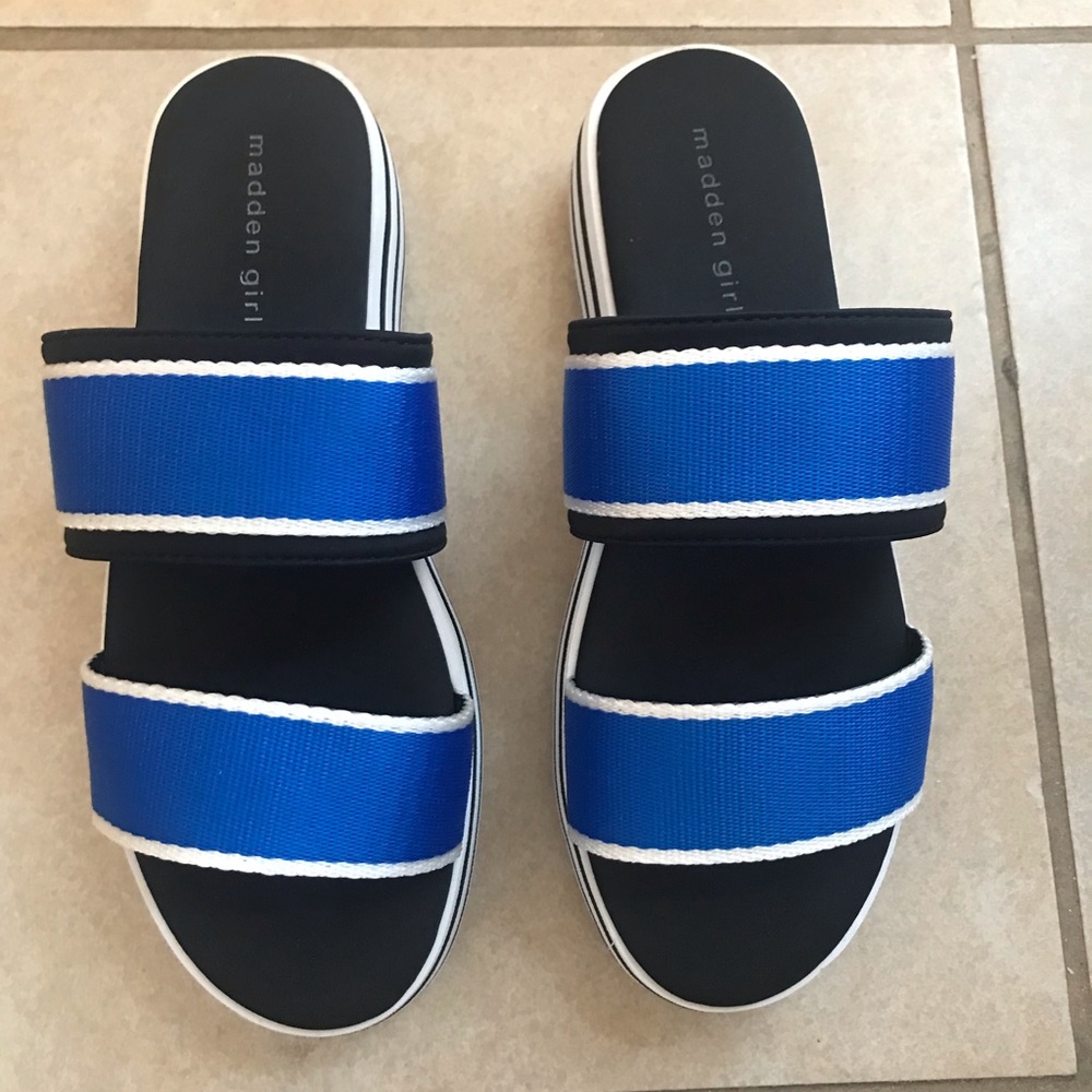 Vibrant Blue Madden Girl Flatform Slides